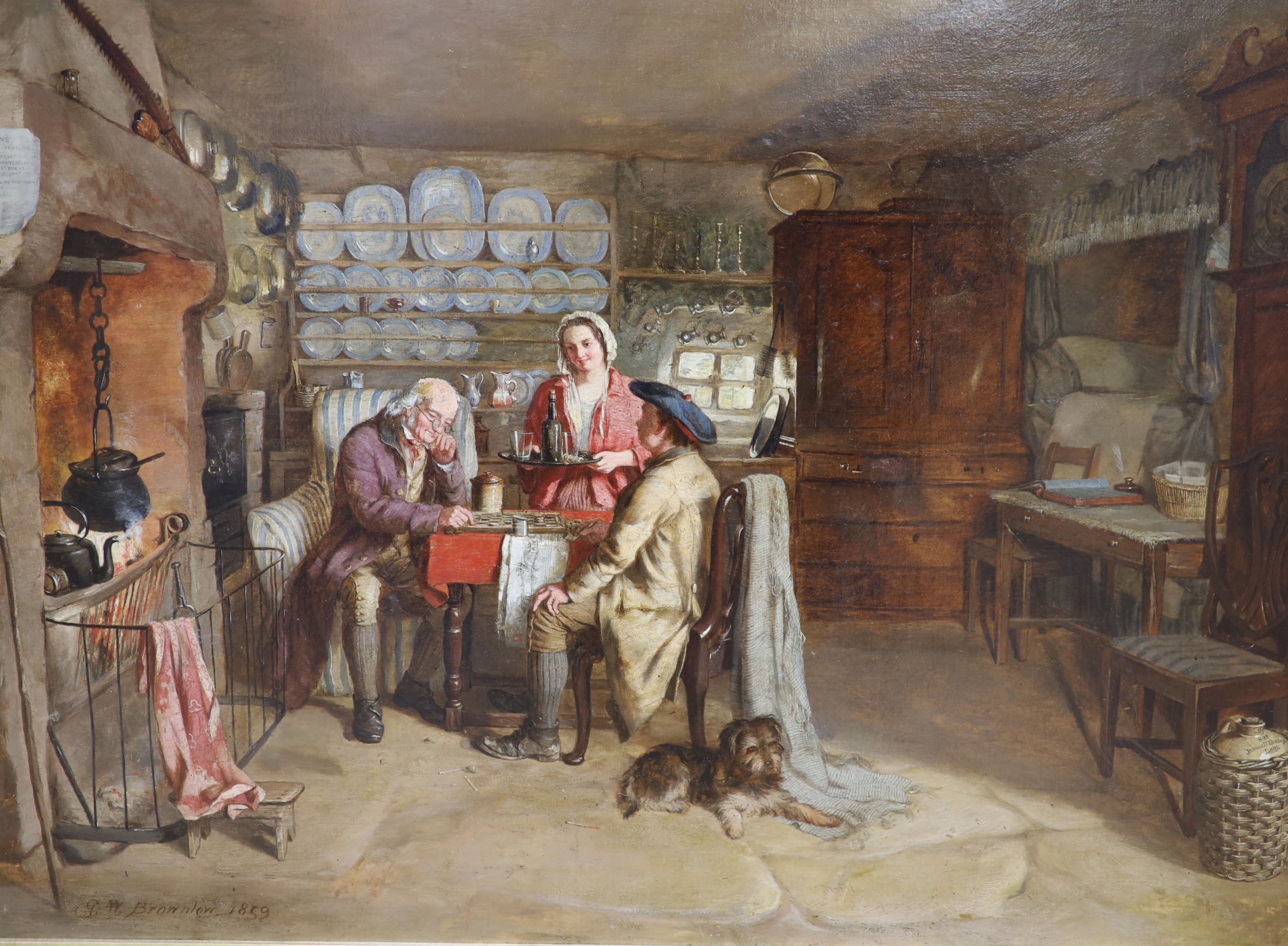 George Washington Brownlow (1835-1876), oil on canvas, 'Number 1, the interior of the cottage in which Burns was born, Ayrshire', signed and dated 1859, Artist's label verso, 45 x 60cm